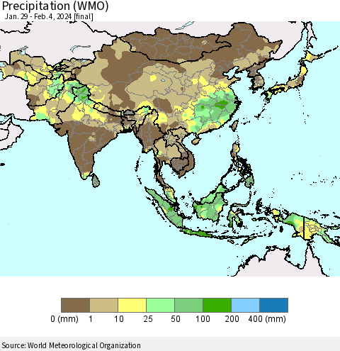Asia Precipitation (WMO) Thematic Map For 1/29/2024 - 2/4/2024