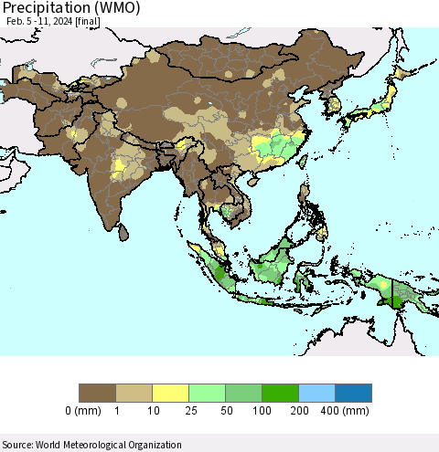 Asia Precipitation (WMO) Thematic Map For 2/5/2024 - 2/11/2024
