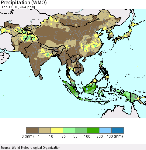 Asia Precipitation (WMO) Thematic Map For 2/12/2024 - 2/18/2024