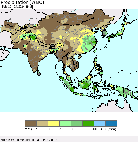 Asia Precipitation (WMO) Thematic Map For 2/19/2024 - 2/25/2024