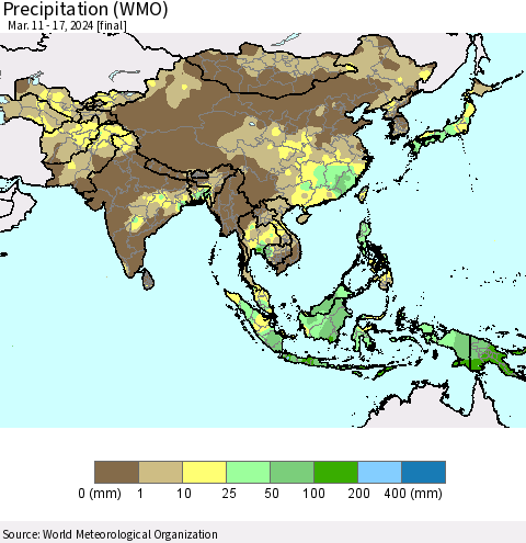 Asia Precipitation (WMO) Thematic Map For 3/11/2024 - 3/17/2024