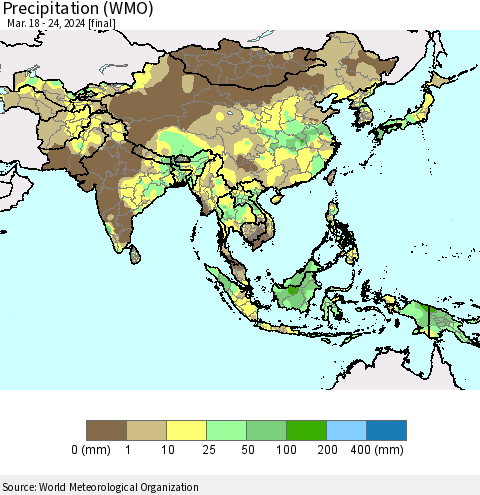 Asia Precipitation (WMO) Thematic Map For 3/18/2024 - 3/24/2024