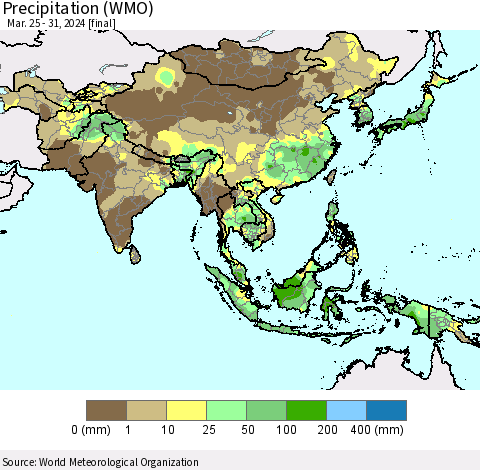 Asia Precipitation (WMO) Thematic Map For 3/25/2024 - 3/31/2024