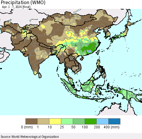 Asia Precipitation (WMO) Thematic Map For 4/1/2024 - 4/7/2024