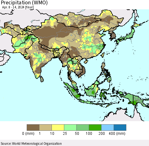 Asia Precipitation (WMO) Thematic Map For 4/8/2024 - 4/14/2024