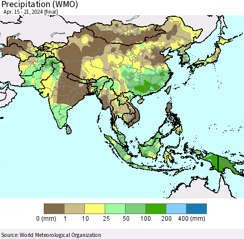 Asia Precipitation (WMO) Thematic Map For 4/15/2024 - 4/21/2024