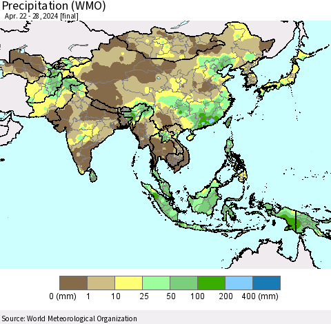 Asia Precipitation (WMO) Thematic Map For 4/22/2024 - 4/28/2024