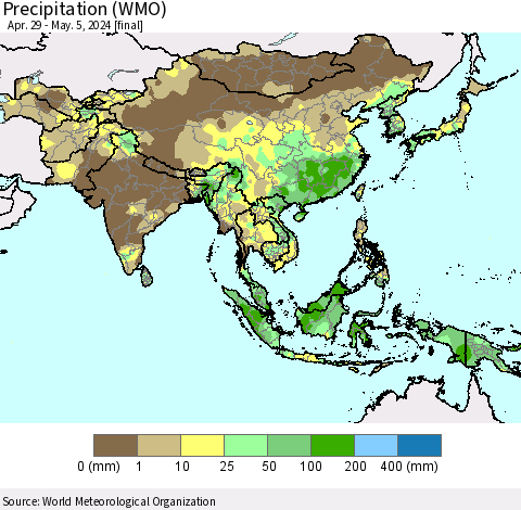 Asia Precipitation (WMO) Thematic Map For 4/29/2024 - 5/5/2024
