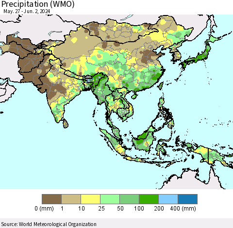 Asia Precipitation (WMO) Thematic Map For 5/27/2024 - 6/2/2024