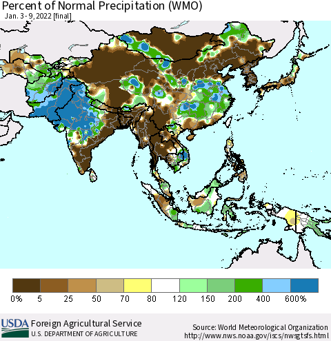 Asia Percent of Normal Precipitation (WMO) Thematic Map For 1/3/2022 - 1/9/2022