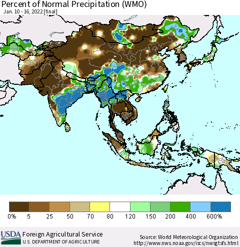 Asia Percent of Normal Precipitation (WMO) Thematic Map For 1/10/2022 - 1/16/2022