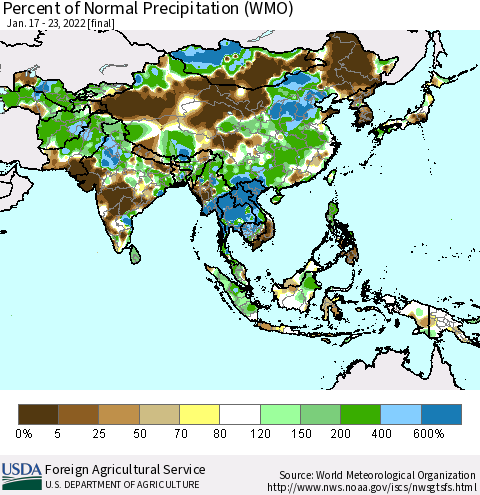 Asia Percent of Normal Precipitation (WMO) Thematic Map For 1/17/2022 - 1/23/2022