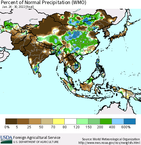 Asia Percent of Normal Precipitation (WMO) Thematic Map For 1/24/2022 - 1/30/2022