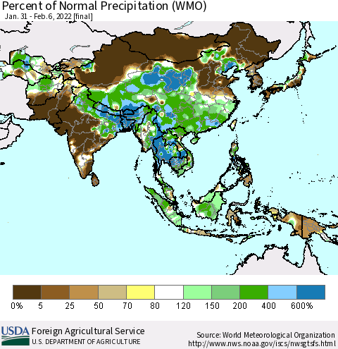 Asia Percent of Normal Precipitation (WMO) Thematic Map For 1/31/2022 - 2/6/2022
