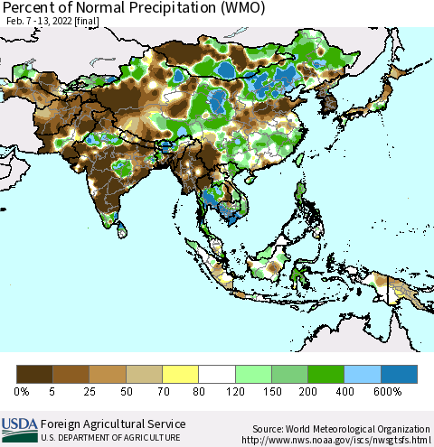 Asia Percent of Normal Precipitation (WMO) Thematic Map For 2/7/2022 - 2/13/2022