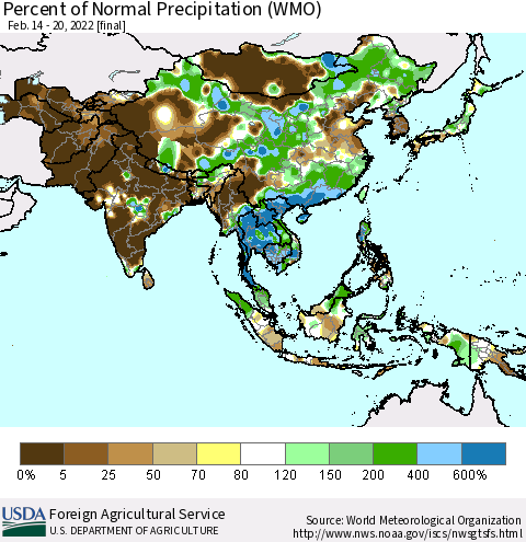 Asia Percent of Normal Precipitation (WMO) Thematic Map For 2/14/2022 - 2/20/2022