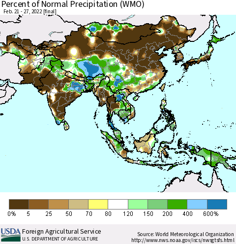 Asia Percent of Normal Precipitation (WMO) Thematic Map For 2/21/2022 - 2/27/2022