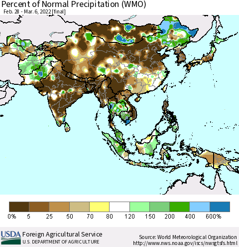 Asia Percent of Normal Precipitation (WMO) Thematic Map For 2/28/2022 - 3/6/2022