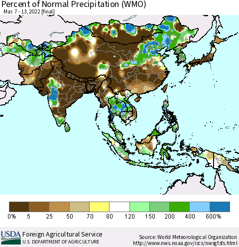 Asia Percent of Normal Precipitation (WMO) Thematic Map For 3/7/2022 - 3/13/2022
