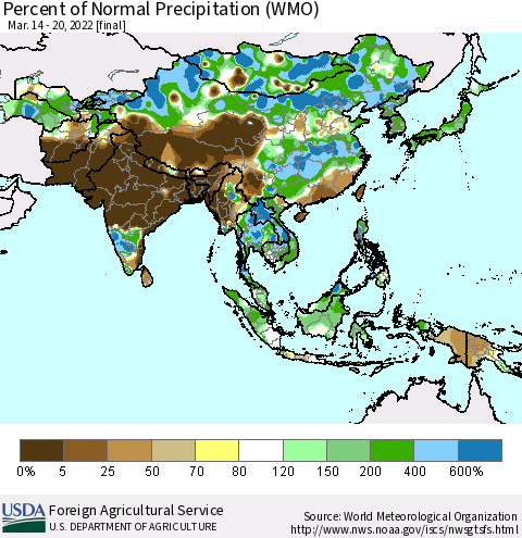 Asia Percent of Normal Precipitation (WMO) Thematic Map For 3/14/2022 - 3/20/2022