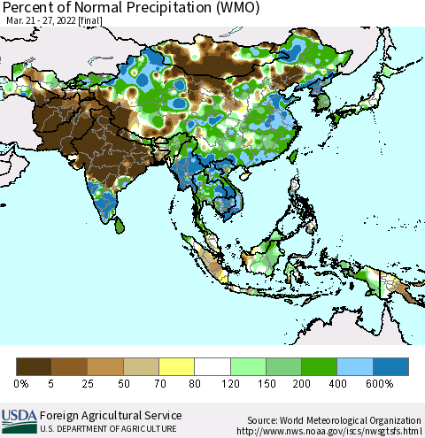 Asia Percent of Normal Precipitation (WMO) Thematic Map For 3/21/2022 - 3/27/2022