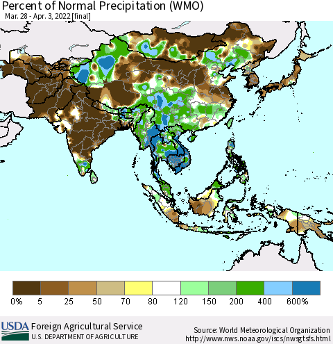 Asia Percent of Normal Precipitation (WMO) Thematic Map For 3/28/2022 - 4/3/2022