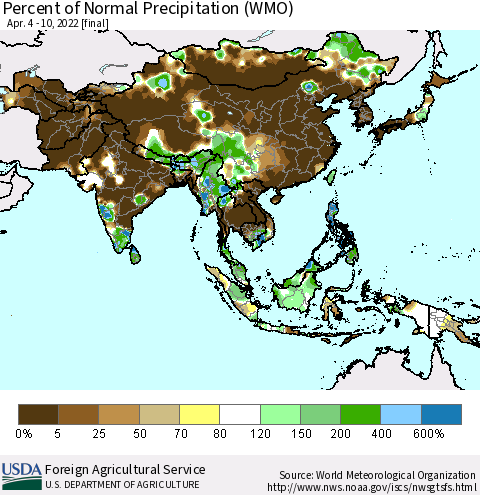 Asia Percent of Normal Precipitation (WMO) Thematic Map For 4/4/2022 - 4/10/2022