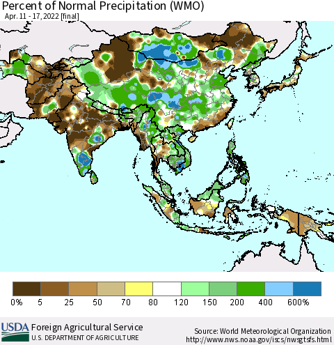 Asia Percent of Normal Precipitation (WMO) Thematic Map For 4/11/2022 - 4/17/2022