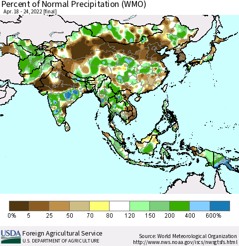 Asia Percent of Normal Precipitation (WMO) Thematic Map For 4/18/2022 - 4/24/2022