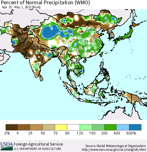 Asia Percent of Normal Precipitation (WMO) Thematic Map For 4/25/2022 - 5/1/2022