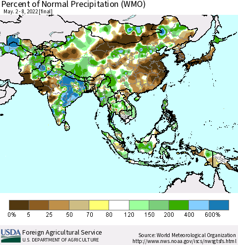 Asia Percent of Normal Precipitation (WMO) Thematic Map For 5/2/2022 - 5/8/2022