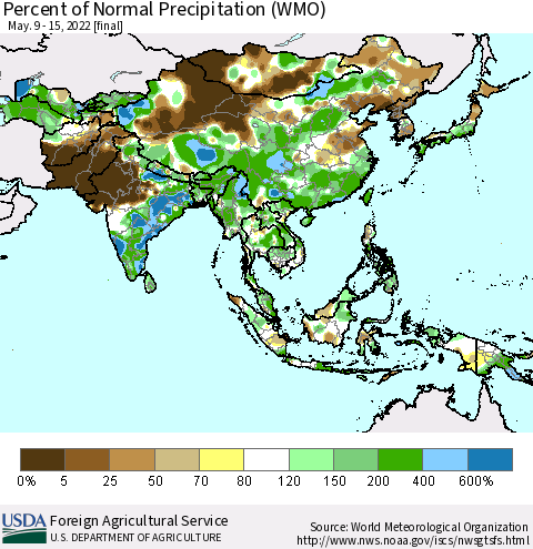 Asia Percent of Normal Precipitation (WMO) Thematic Map For 5/9/2022 - 5/15/2022
