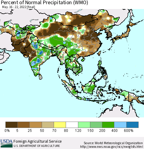 Asia Percent of Normal Precipitation (WMO) Thematic Map For 5/16/2022 - 5/22/2022