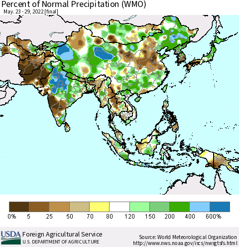 Asia Percent of Normal Precipitation (WMO) Thematic Map For 5/23/2022 - 5/29/2022