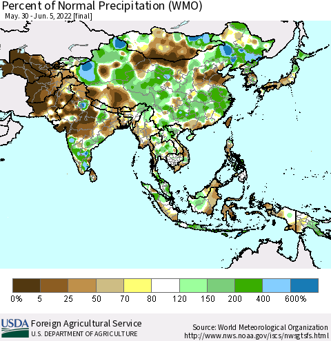 Asia Percent of Normal Precipitation (WMO) Thematic Map For 5/30/2022 - 6/5/2022