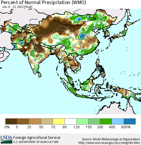 Asia Percent of Normal Precipitation (WMO) Thematic Map For 6/6/2022 - 6/12/2022