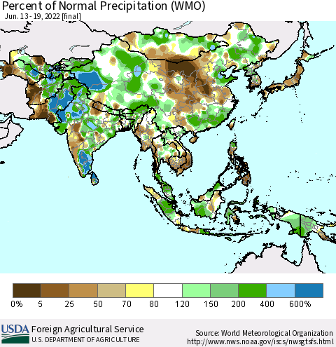 Asia Percent of Normal Precipitation (WMO) Thematic Map For 6/13/2022 - 6/19/2022