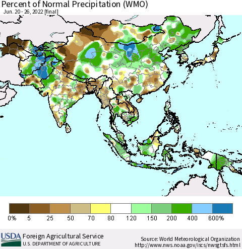 Asia Percent of Normal Precipitation (WMO) Thematic Map For 6/20/2022 - 6/26/2022