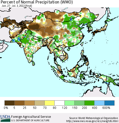 Asia Percent of Normal Precipitation (WMO) Thematic Map For 6/27/2022 - 7/3/2022