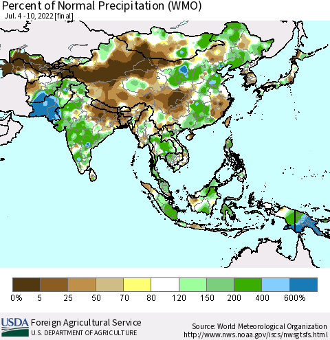 Asia Percent of Normal Precipitation (WMO) Thematic Map For 7/4/2022 - 7/10/2022