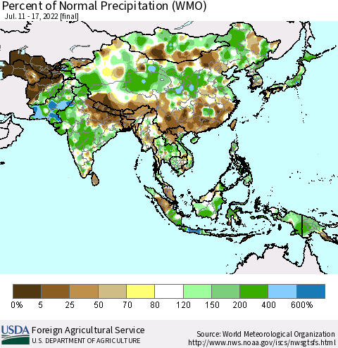 Asia Percent of Normal Precipitation (WMO) Thematic Map For 7/11/2022 - 7/17/2022
