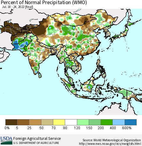 Asia Percent of Normal Precipitation (WMO) Thematic Map For 7/18/2022 - 7/24/2022