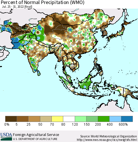 Asia Percent of Normal Precipitation (WMO) Thematic Map For 7/25/2022 - 7/31/2022
