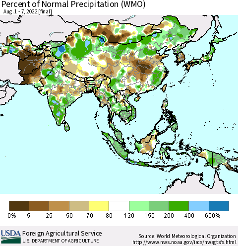 Asia Percent of Normal Precipitation (WMO) Thematic Map For 8/1/2022 - 8/7/2022