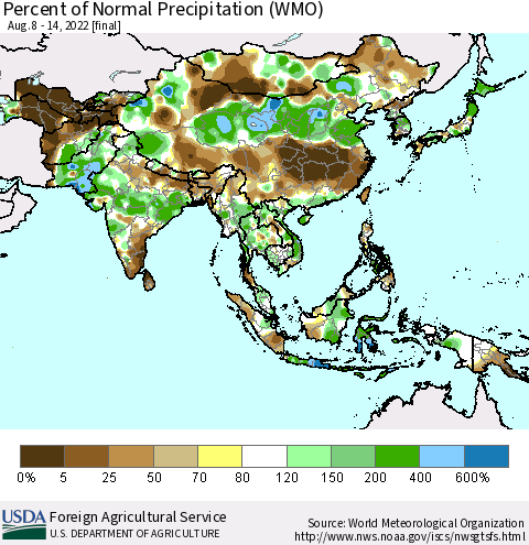 Asia Percent of Normal Precipitation (WMO) Thematic Map For 8/8/2022 - 8/14/2022
