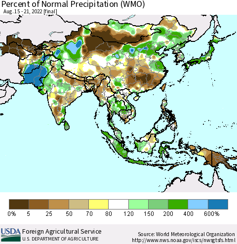 Asia Percent of Normal Precipitation (WMO) Thematic Map For 8/15/2022 - 8/21/2022