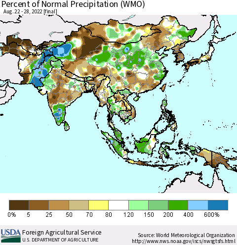 Asia Percent of Normal Precipitation (WMO) Thematic Map For 8/22/2022 - 8/28/2022