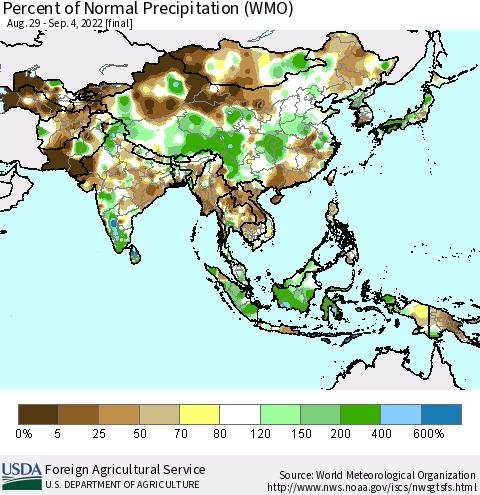 Asia Percent of Normal Precipitation (WMO) Thematic Map For 8/29/2022 - 9/4/2022