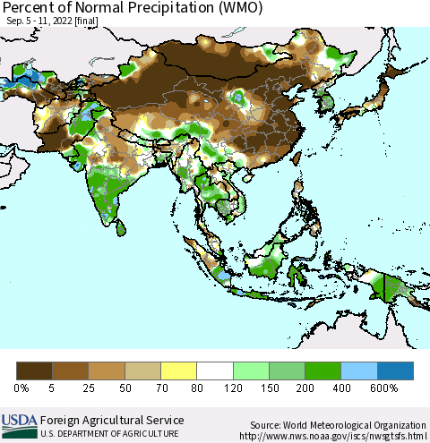 Asia Percent of Normal Precipitation (WMO) Thematic Map For 9/5/2022 - 9/11/2022