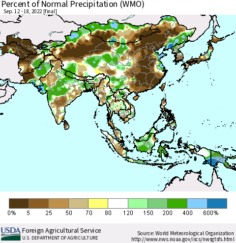 Asia Percent of Normal Precipitation (WMO) Thematic Map For 9/12/2022 - 9/18/2022